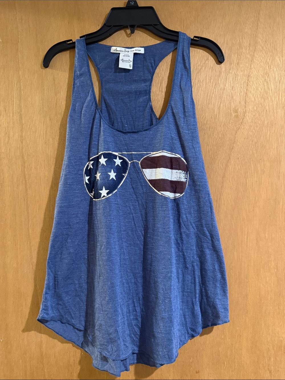 American Rag Blue Racerback Tank with Flag Sunglasses Graphic
